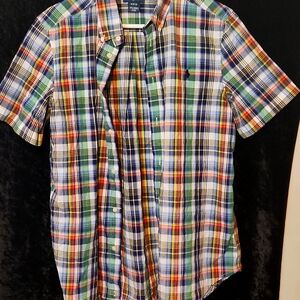 Ralph Lauren Boys Button Shirt Size medium 10-12 Embroidered Pony Blue Plaid
